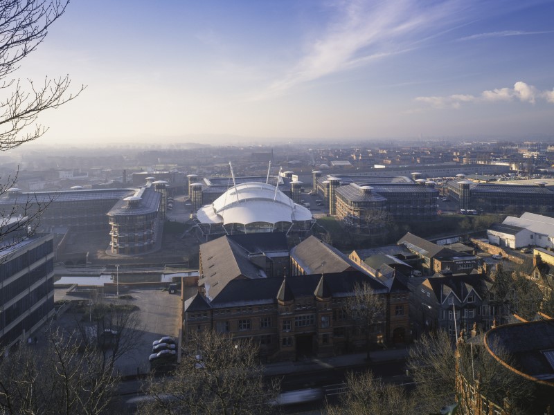 A panorama of the finished Castle Meadow Campus from Nottingham Castle