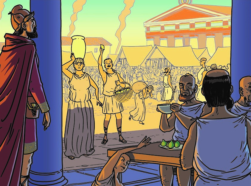 Image of a Spartan city scene from the graphic novel Three