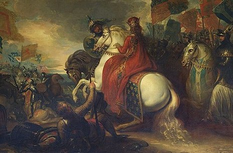 Painting of Queen Philippa on a white horse surrounded by soldiers and flags