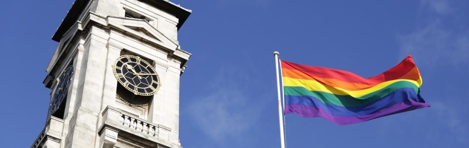 Trent Building flying a rainbow flag for the LGBTQ History month