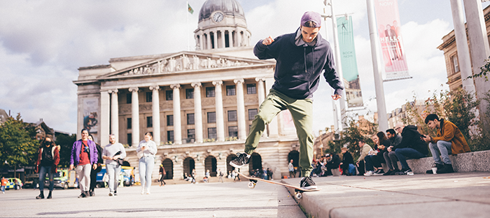Guy skateboarding in Nottingham city centre