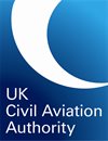 Logo for the UK Civil Aviation Authority. It has a gradient blue background, and a swirl of white.