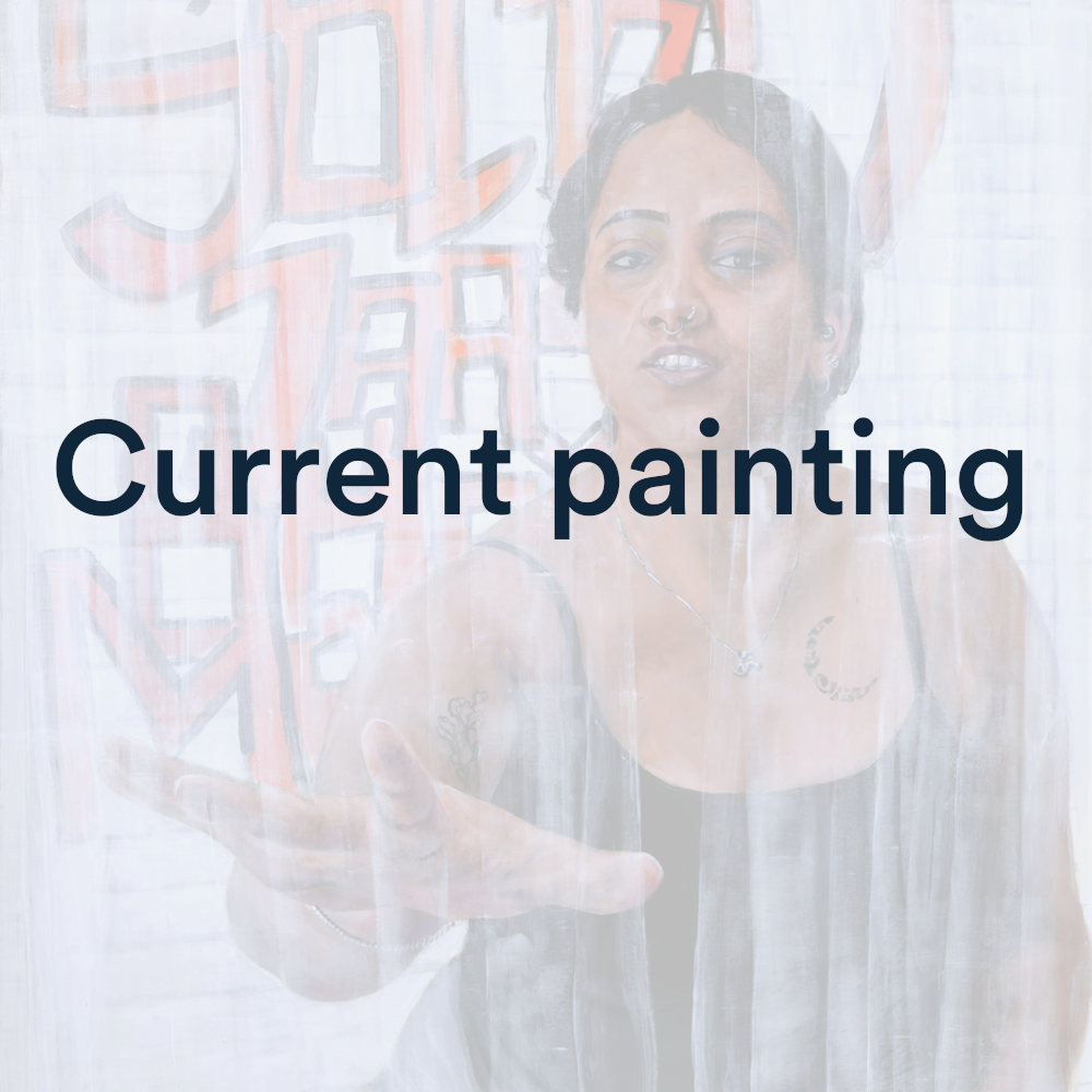 Faded image of figure reaching forward through thin curtains with writing behind and the words "Current painting" over the top