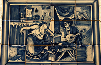 Old blue tile mosaic of portuguese fado singers