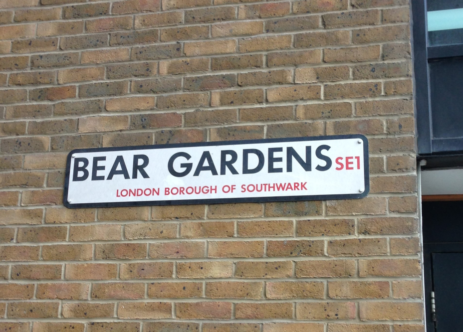 A photo of a road name sign that reads Bear Gardens, SE1, London Borough of Southwark