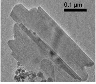 A transmission electron microscopy (TEM) image of a hydroxyapatite (HA) nanoplatelet