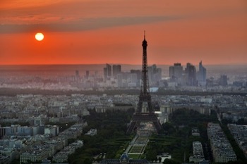 View over Paris at sunset with the Eiffel Tower in the centre