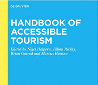 Image of the front cover of the Handbook of Accessible Tourism. The cover is mainly light turquoise blue with large white text that says "Handbook of Accessible Tourism" at the top left. Underneath that is pale yellow smaller text that says " Edited by Ni