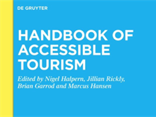 Image of the Handbook of Accessible Tourism. The image shows a light blue background with a yellow virtical strip of colour to the left. on the bluie background is large white text which says: Handbook of Accessible Tourism. Underneath is smaller pale yel