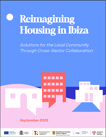Image of the front cover of the report "Reimaging housing in Ibiza". The cover shows a graphic of basic housing shapes against a coastal background in hues of pink and blue.