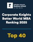 A Business School graphic showing the Business School logo in white at the top. White text is underneath says 'Corporate Knights Better World MBA Ranking 2025'. This is followed with yellow text which says 'Top 40'.