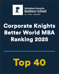 Graphic showing the Nottingham University  Business School logo in white at the top with large white text underneath that says 'Corporate Knights Better World MBA Ranking 2025'. Under that is yellow text that says 'Top 40.