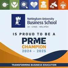 PRME Champion 2024-25 Business School logo. Square image with 7 various icons in coloured squares across the top, The Nottingham University Business School logo is then underneath and the words 'Is proud to be a PRME Champion 2024-2025 sits below it, on a