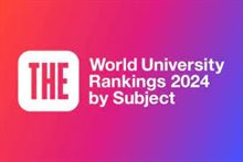 THE - World University Rankings logo 2024. Rectangular logo coloured in a gradient from left to right going from red, pink, purple and blue. There is a white square box with rounded corners with the letters 'THE' written inside in red letters. The box is 