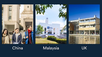 dark blue background, 3 images, China campus, Malaysia campus and third Jubilee Campus, UK