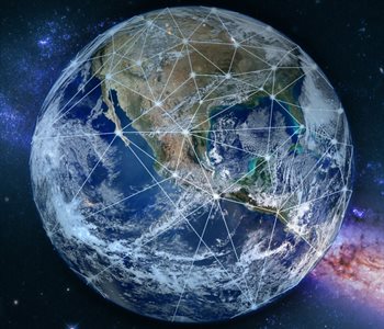 Image of the earth showing a global blockchain network