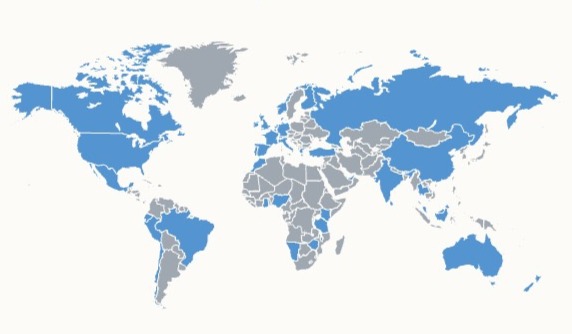 Locations of collaborators and partners of MTA indicated on a global map by shaded countries.