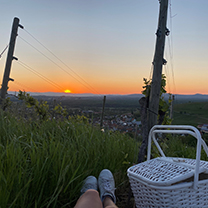 A sunset picnic in a German vineyard, a pair of sneakered feet are visible next to a white wicker basket