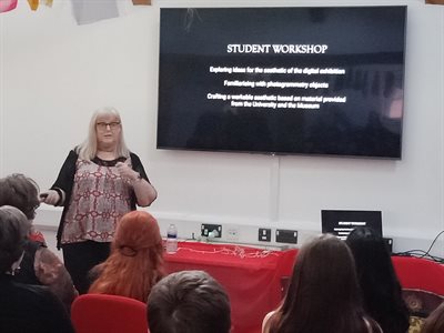 Judi Alston discussing the behind-the-scenes design, curation and construction work that culminated in the Student Gallery and the VRVE