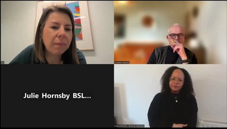 Ria Jones (left in the upper row) offering introductory remarks at the start of the webinar. Professor Jonothan Neelands is right in the upper row. Louise Mitcham, a registered British Sign Language (BSL) Interpreter, is right in the lower row.