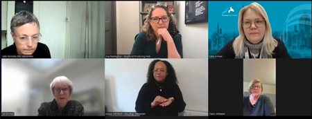 Image showing Val Birchall (left in lower row) introducing members of the expert panel: Lisa Mallaghan (middle, upper row), Salla Virman (right, upper row), and Claire Whitaker (right, lower row).