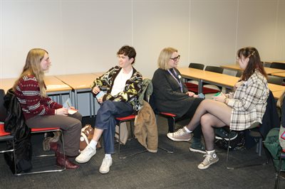 Julia Irvine, Conrad Padgett, Alison Clague, and Aimee Lee during a round of 'speed meeting'