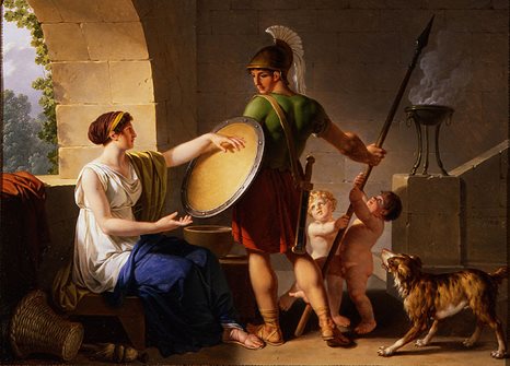 Painting of a seated woman presenting a shield to a young male warrior wearing a helmet standing before her. Two small children hold the warrior's spear while a dog watches.