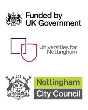 Logos for the organisations involved in the Innovation Challenges in a Changing World workshop. These include the UK Government, who are funders, Universities for Nottingham and Nottingham City Council.
