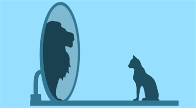 Drawing of a cat looking into a mirror and seeing a lion as the reflection