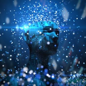 A graphical head with sparks flying from the top. Blue and solver colours