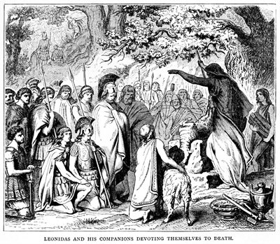 Black and white line drawing of a crowd of warriors in robes bowing their heads before a shadowed figure who gestures over them.  ‘Leonidas and his companions devoting themselves to death’ is written at the bottom of the image.