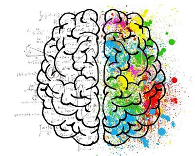 Drawing of a brain with splashes of colour on half of it