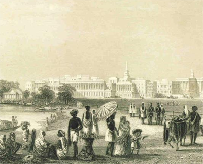 Illustration showing people in India during the British India colonial period.