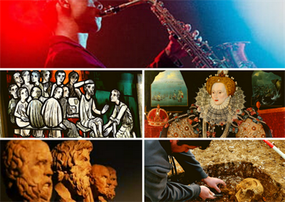 Collage of Humanities images, saxophone player, stained glass window, Elizabeth the first, classical statues and an archaeological dig.