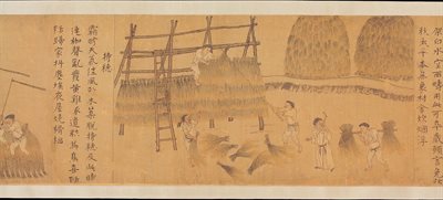 A beige image depicting people in white clothing creating thatched structures using hay. There are Chinese words on both sides of the image