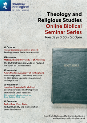 TRS Biblical Seminar Poster with a list of the speakers on he left and an image of the bible on the left