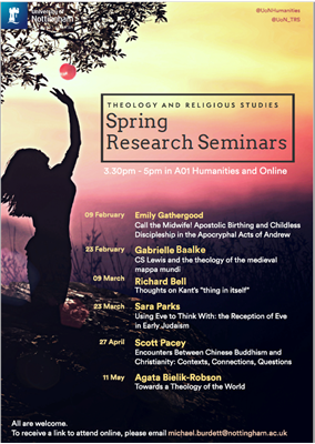Sunset image of a person picking an apple from a tree. Spring Seminar Series list included.