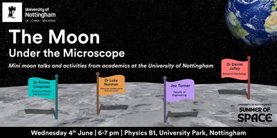 Earth viewed from the moon which has flags featuring each speaker&amp;#39;s name and the event details