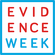 Blue square with the words &amp;#39;EVIDENCE WEEK&amp;#39; written inside in red and blue writing