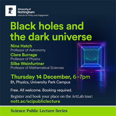 Advert for Black Holes and the dark universe, Thursday 14 December. Includes an outlined light up green square surrounded by a larger blue box, surrounded by a larger pink box. Sat in a large gridded, blue space