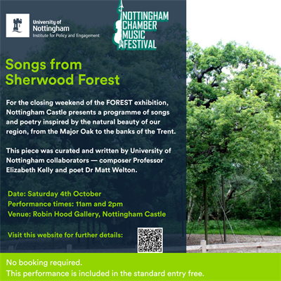 A blue and green branded banner with details of Songs from Sherwood Forest