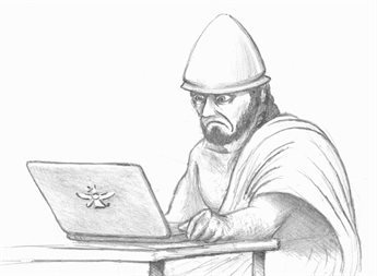 Pencil drawing of a bearded man dressed in a robe and helmet frowning in confusion at a laptop on a table in front of him