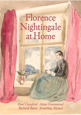 Book cover of &amp;#39;Florence Nightingale at Home&amp;#39; featuring a painted illustration of her sat in a window seat reading. She is wearing a full skirt in green-grey and a black button-up top. There is a pot plant beside her and hills and cloud beyond the window. 