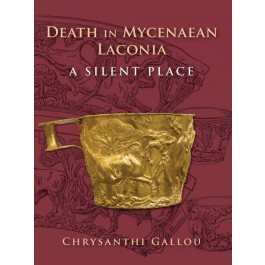 Book cover for Death in Mycenaean Laconia A Silent Place featuring a gold drinking cup showing a hunter capturing a bull on a red background.