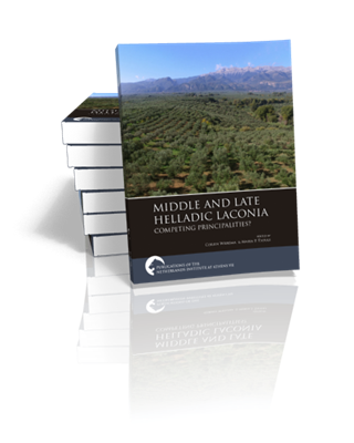 Stack of books with one stood in front so the cover (displaying a landscape image above the title &amp;#39;Middle and Late Helladic Laconia: Competing Principalities?&amp;#39;) is clearly visible.