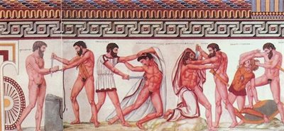 Painted frieze of near-naked muscled male figures fighting each other. Nineteenth-century copy of the Etruscan paintings from the Fran&amp;#231;ois Tomb (Vulci, 4th century BC), by Carlo Ruspi.