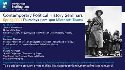 Poster graphic for Contemporary Political History Seminars schedule with an image of Sylvia Pankhurst shouting