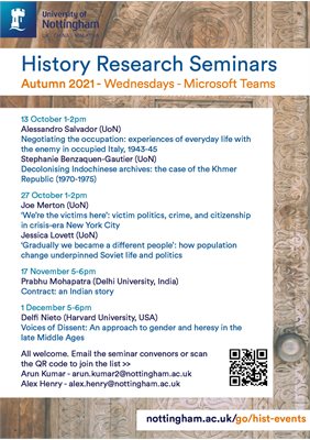 History research seminar listings poster. Please see history event page for full accessible listings.