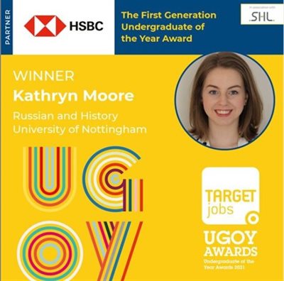 Graphic for undergraduate of the year awards with a headshot of Kathryn Moore