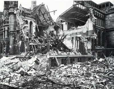 Black and white photo of the University College library wreckage after bombing